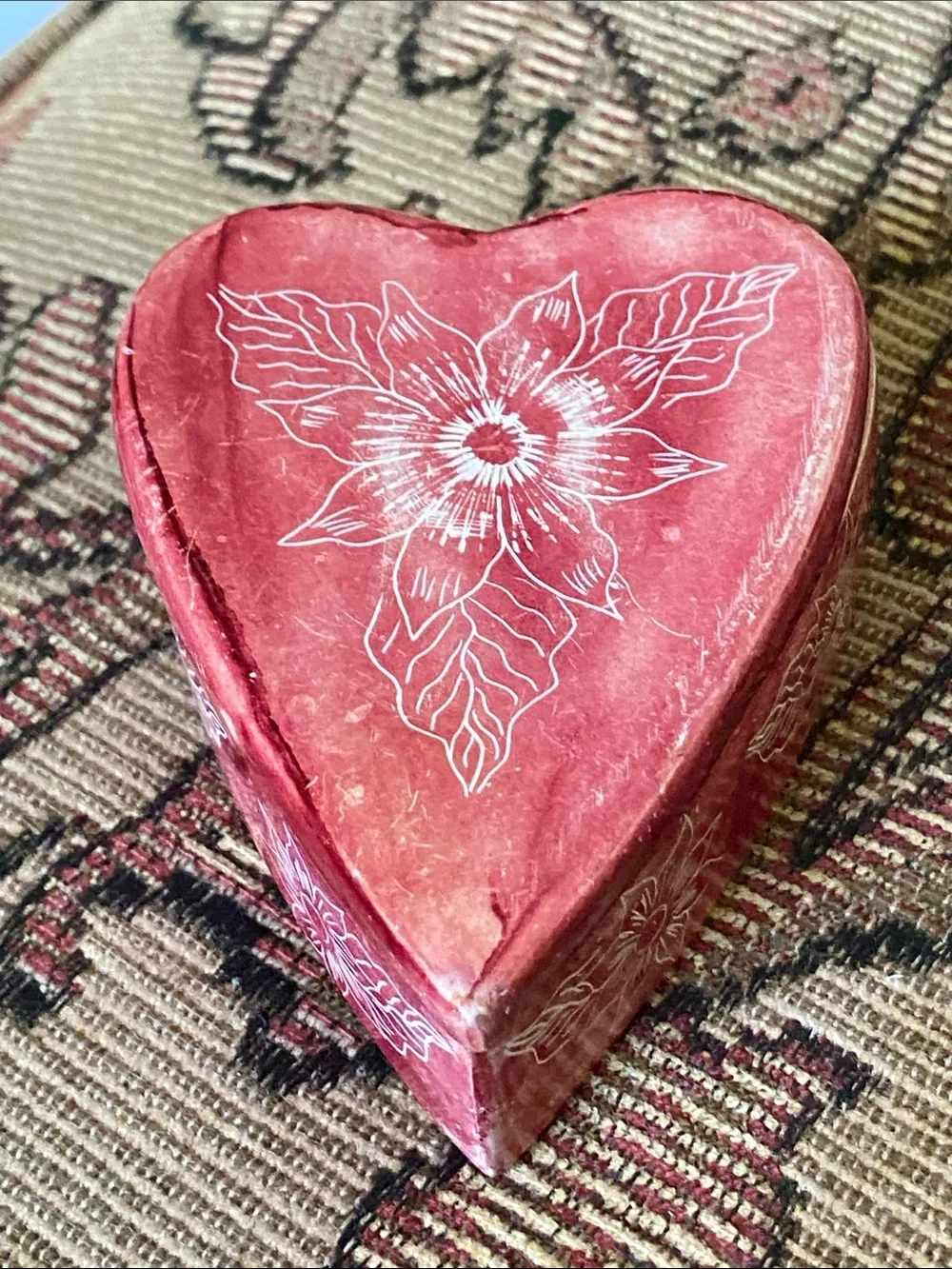 Vintage Hand-Painted/Etched Red Lidded  Soapstone Trinket Box